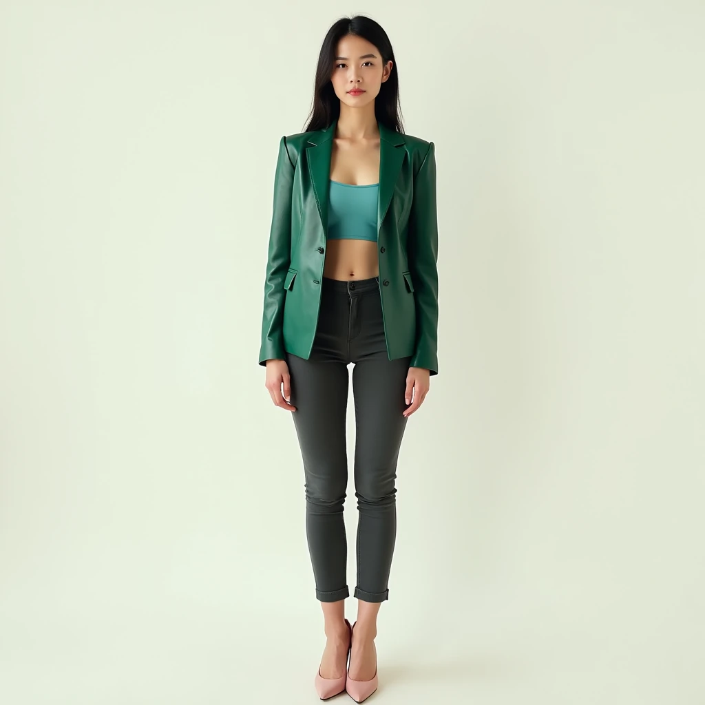 captured with a Sony α7 III camera, young Asia, an narrow waist, wide hips, and a full bust. The proportions are highly stylized, with a sharp contrast between the tiny waist and the expansive curves of the hips and chest, full body shot, fitted leather blazer Emerald green in color, bluish pink inner tee, Charcoal Grey Cigarette Pants, high heels Blush pink, standing straight, creamy white background.
