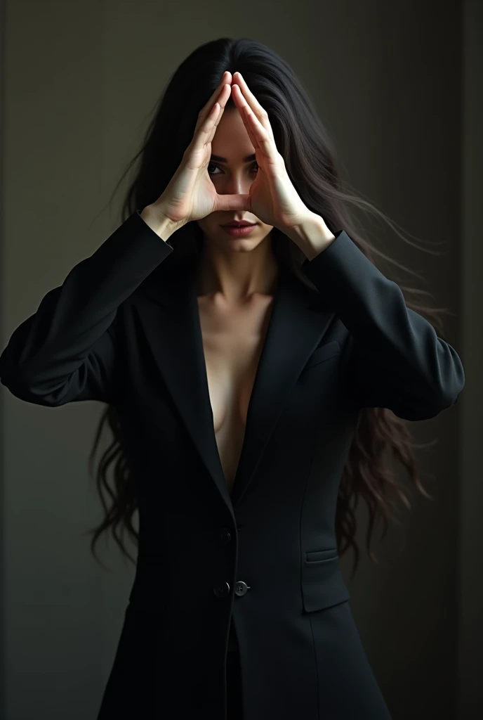 A woman with long hair in a black suit making a triangle symbol with her hands, touching her index fingers and thumb in front of her left eye.