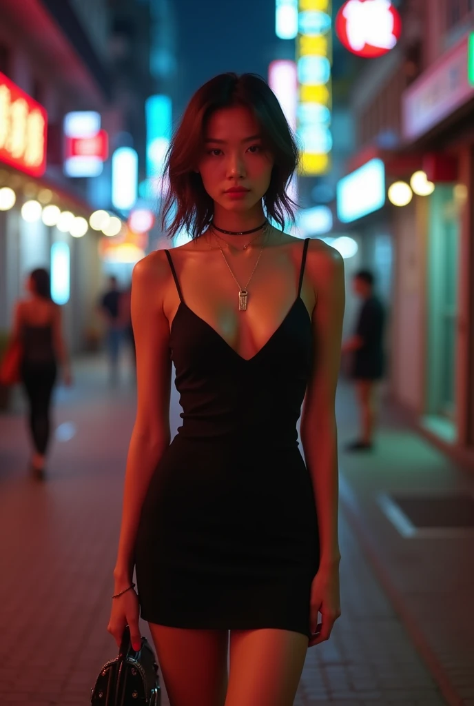 a Chinese woman 20 years old, thin body, big hips, big breasts, defined body, with a black mini skirt evening dress, without any neck accessories, front view, ULTRA DEFINED, as real photography, in the background a street in Hong Kong 