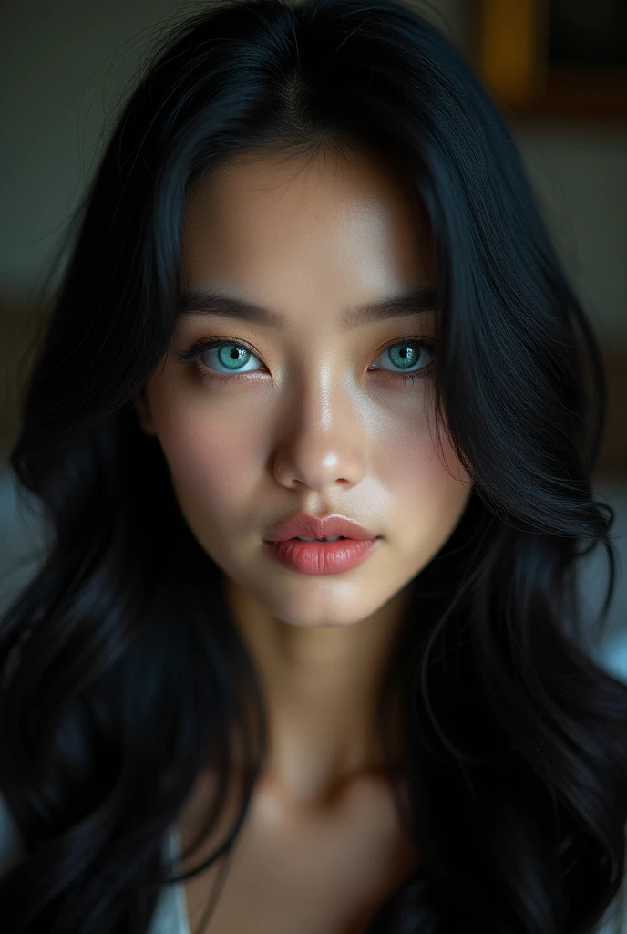 FACE SHOT OF LOVELY BEAUTIFUL BLACK HAIR WOMAN, HUGE LONG BLACK HAIR, VOLUMOUS HAIR, VERY PALE SKIN, TURCOISE BLUE EYES, EXPRESSIVE TURCOISE EYES, LOVELY FACE EXPRESSION, CLOSED MOUTH, ROSY CHEEKS, HIGH CHEEKBONES, MENTAL FORAMEN, FRONTAL ANGLE SHOT, SUPER CLOSE-UP FACE SHOT, DARK BACKGROUND, DIFUSED LIGHTS, SHYNING BACKLIGHTS, LENS 200 mm, f:2.8, MASTERPIECE