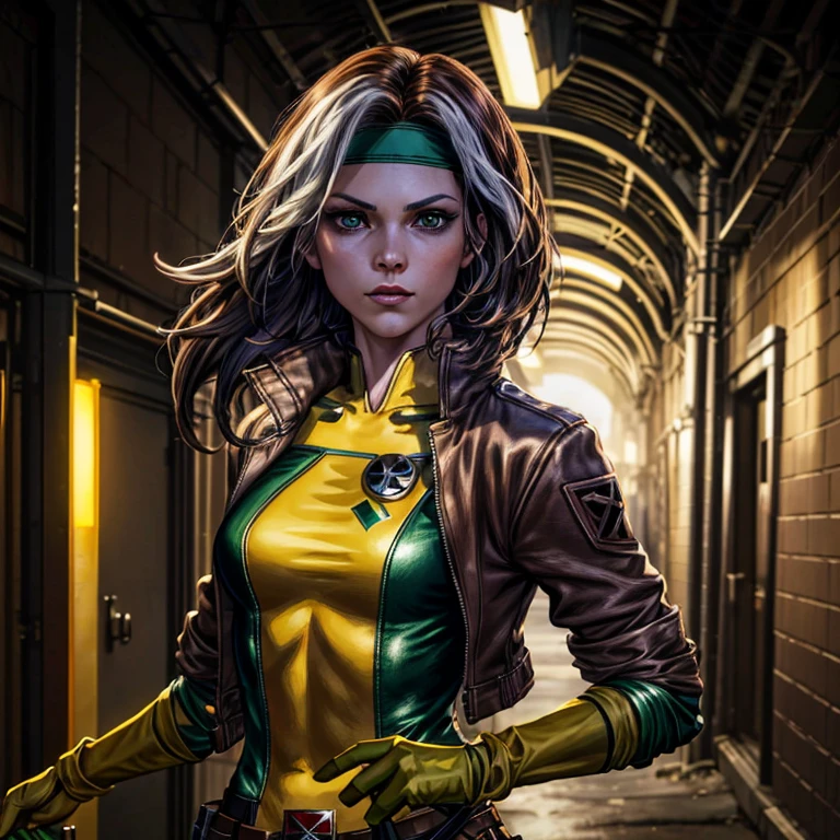 (Dark shot: 1.1), Epic realistic,Evangeline Lily cos-play as Rogue from X-Men, lone woman, exuding beauty and seriousness, piercing green eyes, cascading dark brown hair with a single white streak, adorned with a green headband, clad in a judgement-day green and yellow bodysuit, topped with a jacket and cinched with a belt, matching yellow gloves revealed as she opens her jacket, enveloped in the mystery of a dark alley, meticulously crafted by renowned artists Greg Rutkowski and artgerm. Soft cinematic light bathes the scene, filtered through Adobe Lightroom and further refined in a darkroom or using