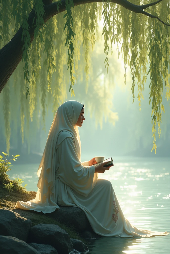 generate illustration of back view of muslim woman with book and tea near the willow trees near river..
