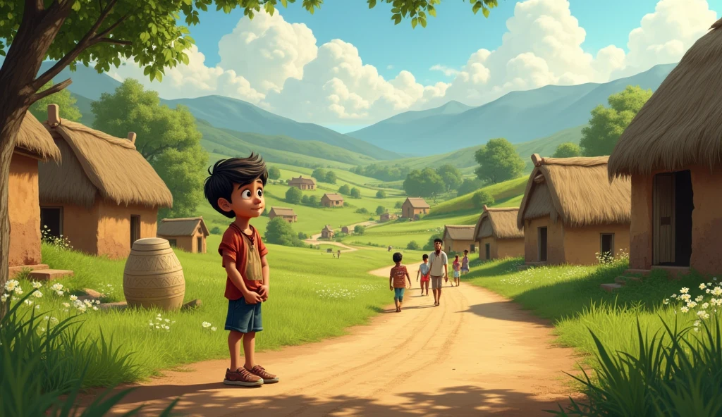 Introduction of Rahul and the Village**:
- A peaceful small village surrounded by green fields. People are seen interacting lovingly, with small huts and a dirt road. In the foreground, a young boy named Rahul is standing, looking towards the village
