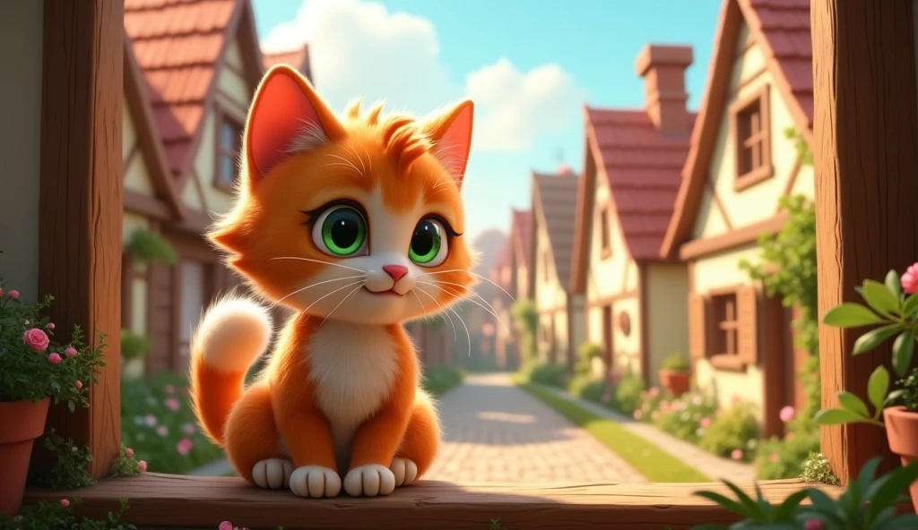 Create a warm and charming image of a curious cat named Whiskers in a cozy little village. Whiskers should have a beautiful blend of orange and white fur, with bright green eyes that sparkle with mischief. The village background should be picturesque, with quaint houses, cobblestone streets, and a few blooming flowers. Whiskers could be shown in a playful pose, perhaps sitting on a windowsill or strolling down the village path, capturing his inquisitive and lively nature. The overall mood should be inviting and friendly, with soft, warm lighting to enhance the cozy atmosphere.
