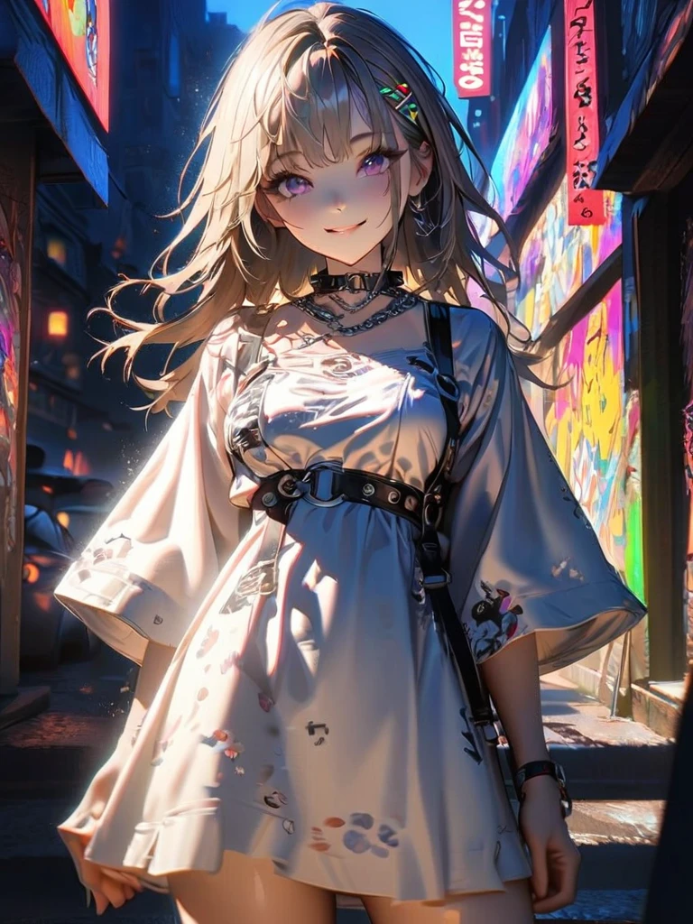 1 person, chromatic aberration, Written boundary depth, Soft Light, masterpiece, Highest quality, complicated, Tone Mapping, A place where fireworks are set off at festivals. Concept Art, Smooth, Clear focus, Dramatic lighting, Very cinematic, super practical painting, アートステーション's trending, 8k, Incredible Shadows, practical, whole body, View, Viewers, Portrait of a Girl 1, standing on street corner, Heavy rain and lightning、Dark Sky, neon and cyber punk background, she is dressed in punk clothing with silver chains and silver spikes, Her hair was dyed light brown..................Ominous aura of light, smile, punk, ciber punk, Backlight.Fashionable clothes、Friendly dress code: wearing cute white dress.My breasts are a little big