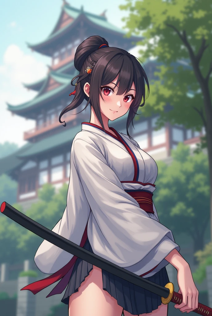 Japanese beauty, 20 years old,Slim and cute、The side of the chest is raised.、Eye slits、I can see from head to toe.,The chest is very large.、The background is a Japanese castle.、High quality photos、clear, Sharp lower body image、Masterpiece 8K、smile、Kunoichi'Kimono、Holding a sword in the right hand、ready