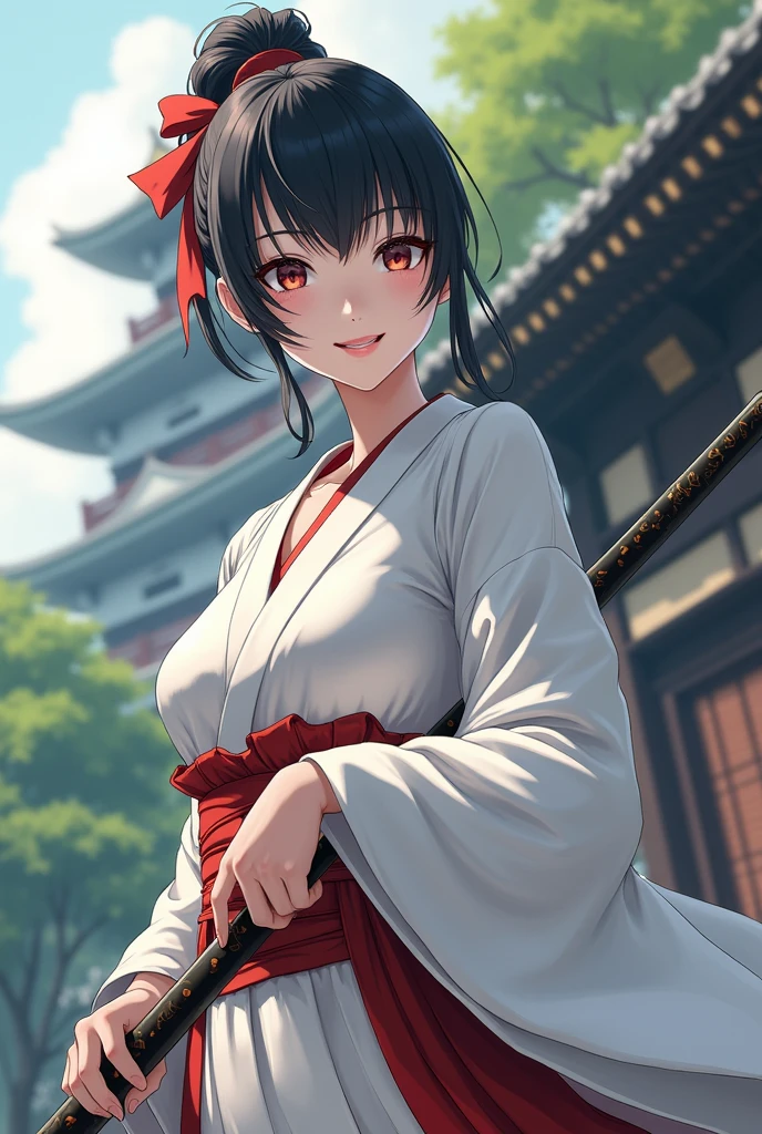 (masterpiece; best quality: 1.2), (finely detailed eyes: 1.3), ((25 year old woman)), ((solo)), (red eyes: 1.4), (body; lithe, toned, femenine: 1.3), (black hair in ponytail: 1.3), (beautiful and clear background: 1.2), ((depth of field)), (clothes: ronin attire + black-and-white hakama + red sash: 1.3), (anime illustration: 1.2), (background; old japanese castle exterior + night time: 1.1), (extremely fine and beautiful: 1.1), (shot composition; standing + centered on torso + close-up: 1.5), (expression; calm, smile: 1.2)