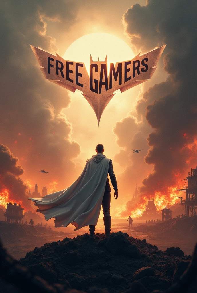 I want to create an image where I have a war scene background with a man in front wearing a white cape and in the middle of the image a name that says (FREE GAMERS)