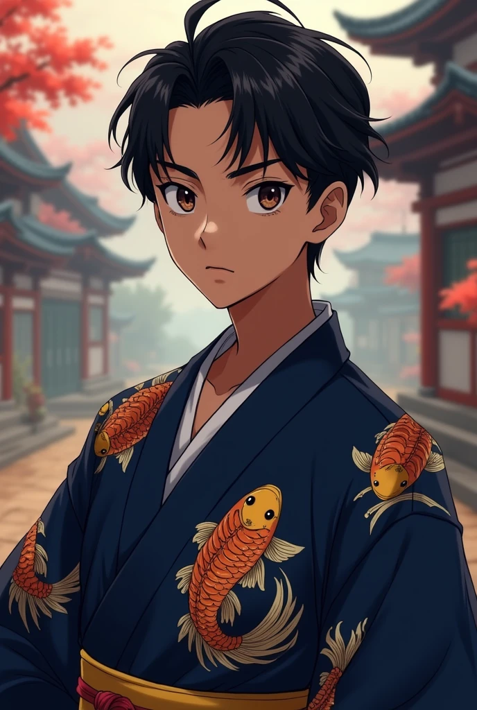 Male character r with brown skin and short black hair slicked back, dark brown eyes, wearing a dark blue kimono with a gold fish print, demon slayer anime style