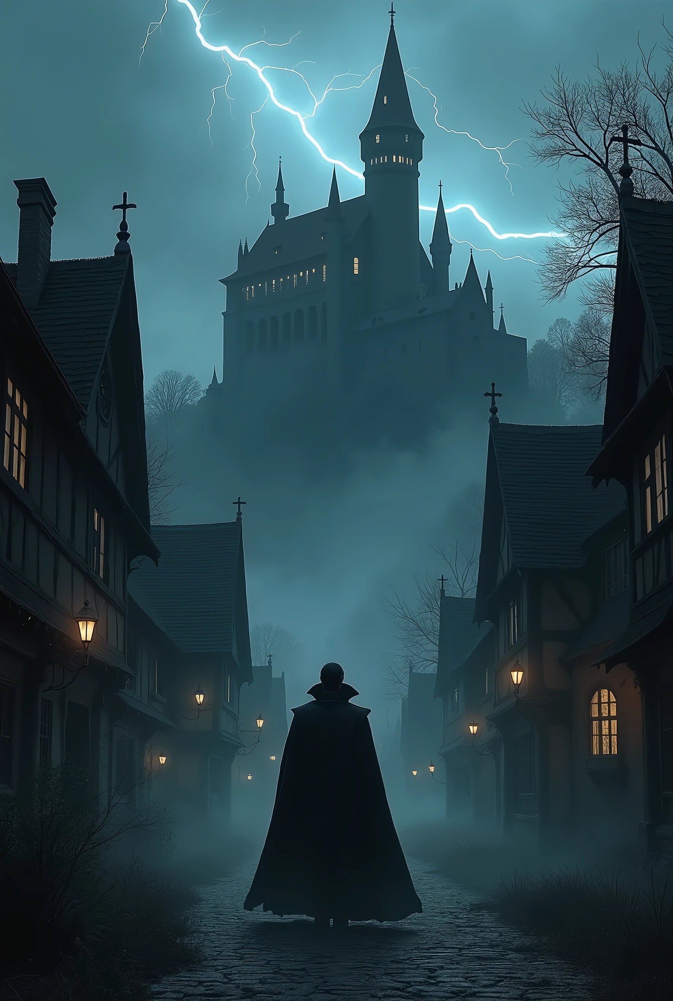 a small medieval gothic town with lights only inside the buildings, some buildings even completely dark and a bit fog on the street; there is a vampire count with dark hair in front of his dark and spooky castle on top of a high hill and under a dark sky with one lightningbolt glooming in the night