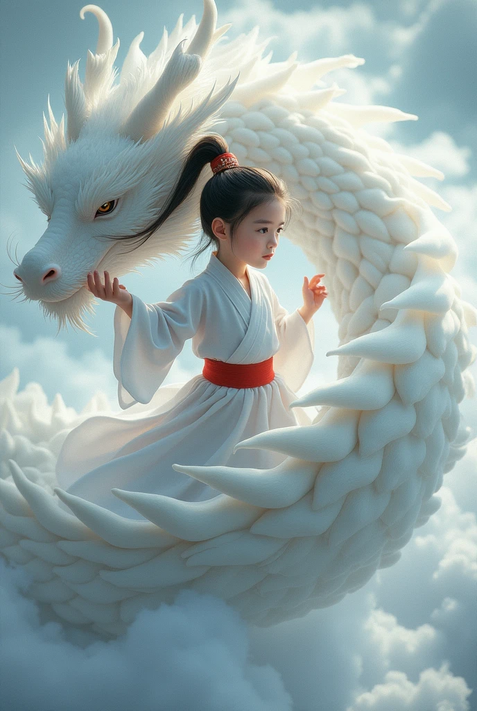 Dynamic Lighting, Art Station, Poster, Volume Lighting, Very Detailed Faces, 4k Wallpaper, Award-Winning 1 Brunette boy, Long Flowing Hair, Ponytail, Fringed Hair Ornament, Dynamic Perspective, White Hanfu, White Gauze Flying, Red Belt, Sexy, Traditional Chinese Ink Painting, Surrounded by Clouds and Mist, Mist, Riding a White Dragon Dragon, Stroking the Dragon Head, White Dragon Horns, Dynamic Perspective, Movie Lighting,