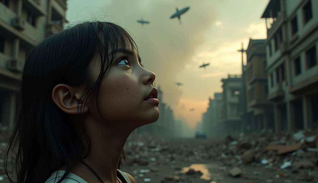 2024; (masterpiece, best quality) destroyed city (Rio de Janeiro)1sad girl looking up(close-up); bombs falling from the sky.