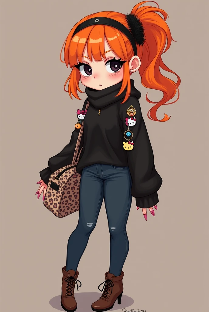 *emilo is an 5'6 tall girl.. with orange hair.. and she has bangs... and one half of the bands are cliped to the side.. and she also has an smal hair tail made with an soft fluffy fuzzy hairband..* *she has an pale face.. and has on her eye water line black eyeliner.. and maskara on.. and in the in corner of the eye soft white gliter powder.. and some bluhs under her eyes.... and alittle blush on her nose too..* *her eyes are dropy and seductive looking.. and they are big, black and deep..*  *she has an petit body.. with wide hips and thic tights tho.. and and cute chest..* *she wears an black snatched turtleneck that hugs her curves.. and shirt jeans.. making her jiggly pale tights visible..* *and she wears tall brown highheals..* *she also has alot of acesuars.. and an bag.. with an leopart inrping on there.. and little hellokitty figurse as keychains.. and she has long pink nails..* *she has pretty long black lashes.. and looks a little like an emo girl.. but also like an gyaru dresser..*  