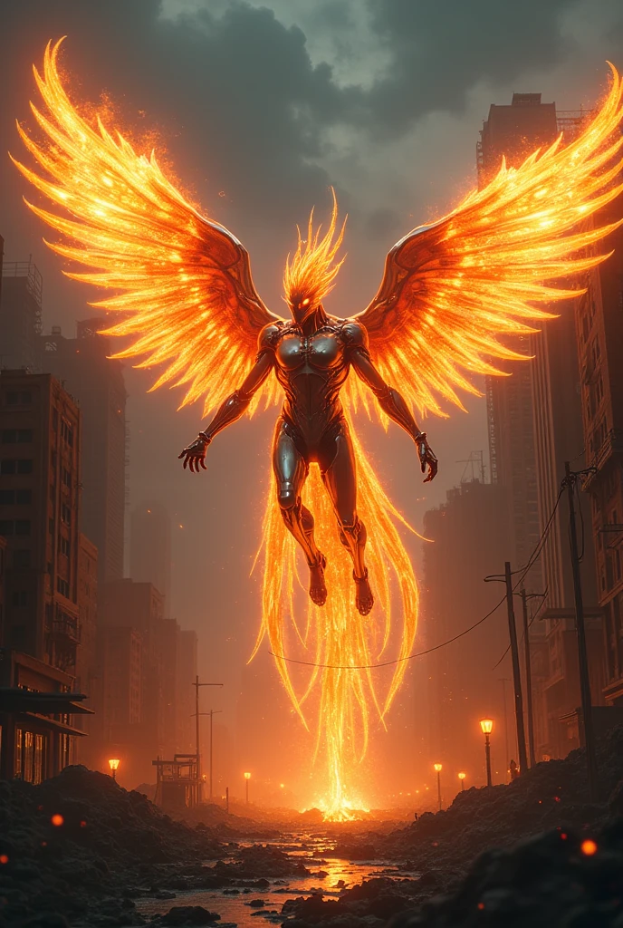 "In the midst of a devastated, futuristic cityscape, an awe-inspiring cyborg-phoenix hybrid emerges, its form a stunning blend of advanced technology and fiery myth. The creature's wings, a fusion of molten metal and vibrant flames, stretch wide, casting an intense, glowing light over the ruins of towering skyscrapers. Its body, a seamless integration of mechanical and organic elements, glows with pulsating energy, with feathers of fire intertwining with sleek, metallic armor. Its eyes, burning with a mix of artificial intelligence and ancient power, scan the desolate environment with a fierce, unyielding gaze. As it hovers above the shattered city streets, cables and wires spark beneath it, trailing embers that set the air alight. The sky above is dark, filled with swirling ash and smoke, yet the cyborg-phoenix stands as a symbol of resilience and rebirth amidst the apocalypse, a beacon of hope in a world on the brink of collapse.