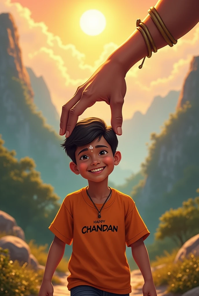  boy walking and hanuman coming after him and hanuman's hand putting on Boy head on mountains. Both are smiling. boy is wearing saffron t-shirt and name "Chandan" write on it with bold. he looks very realistic, cute, tilak Deccan on your head, and happy. very realistic pictures, high quality picture, realistic mountain, forest moment.sun lights reflection , the words"Happy Hanuman Janmotsav" write top Sky. make sure text must be correct & Visible.