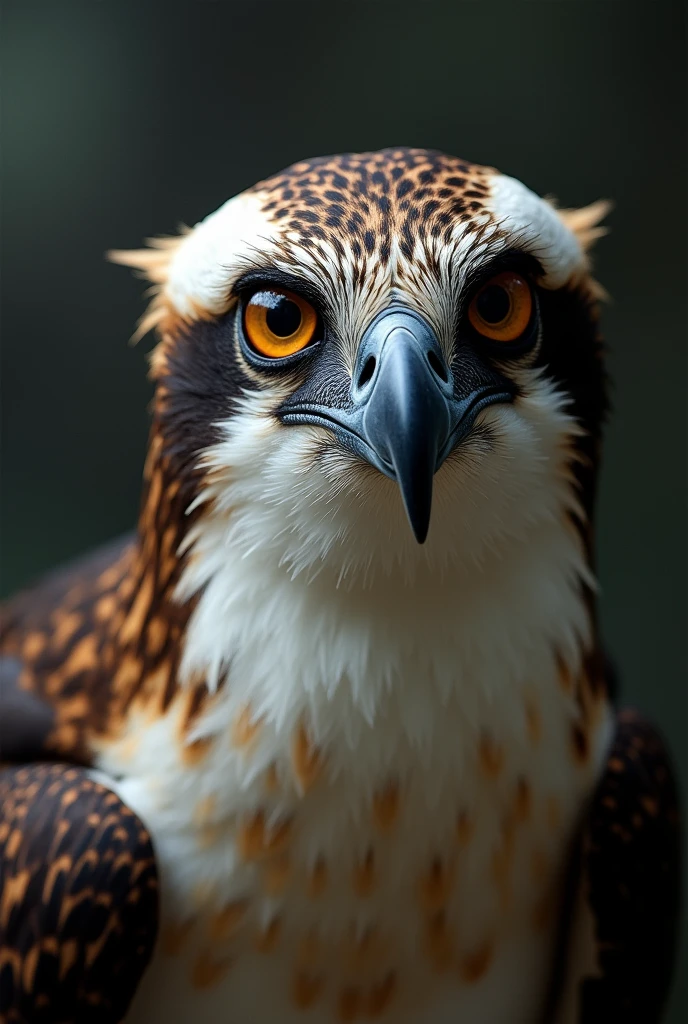 An Osprey bird, head facing towards the camera  , eyes focused on prey outside the frame, close up view of the head , eyes not directly gazing at camera