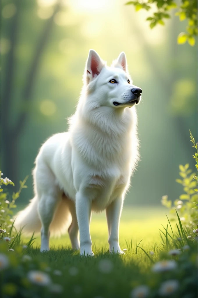 "Create a blurred nature-inspired background with a hint of a green meadow or forest. The background should be toned down and slightly out of focus to ensure the white dog remains the focal point of the portrait."