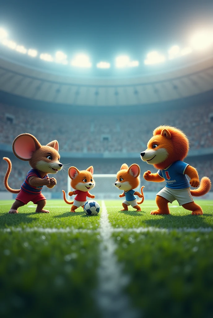 In a football match, psg vs real madrid, They face the mouse as an archer, the dog as forward and the lion as captain And on the other team is the tiger as goalkeeper The fox as forward and the cat as midfielder, and the image shows the entire court with both teams on it. And that the 6 characters appear in the image.