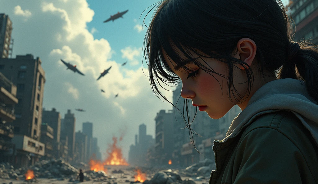 2024; (masterpiece, best quality) destroyed city (Rio de Janeiro)1sad girl sad looking down(close-up); bombs falling from the sky.