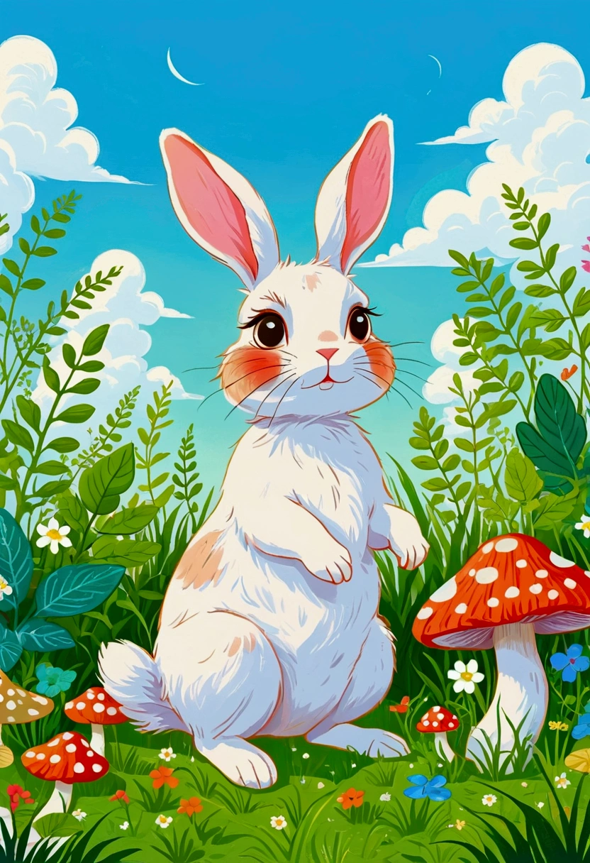 Illustration of a rabbit with a green patch of grass and plants, Digital Art by Relja Penezic, shutter, Furry Art, Rabbit and plants, mushroom，Rabbit design, Illustration of a rabbit, Drawn in a whimsical style,  Colorfull illustration, Cute illustrations, Blue sky and white clouds