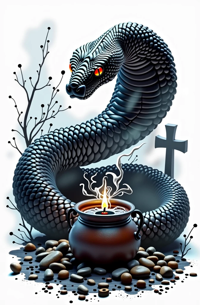 Black snake logo on white background, viper, Lair, cauldron, realisitic, Black Snake, Spell, cauldron, black manba viper snake, Eyes red, fire, cemetery, smoke, a snake, fundo branco, cobra perfeita, logo, cemitério vela preta acesa cemitério, fundo branco
