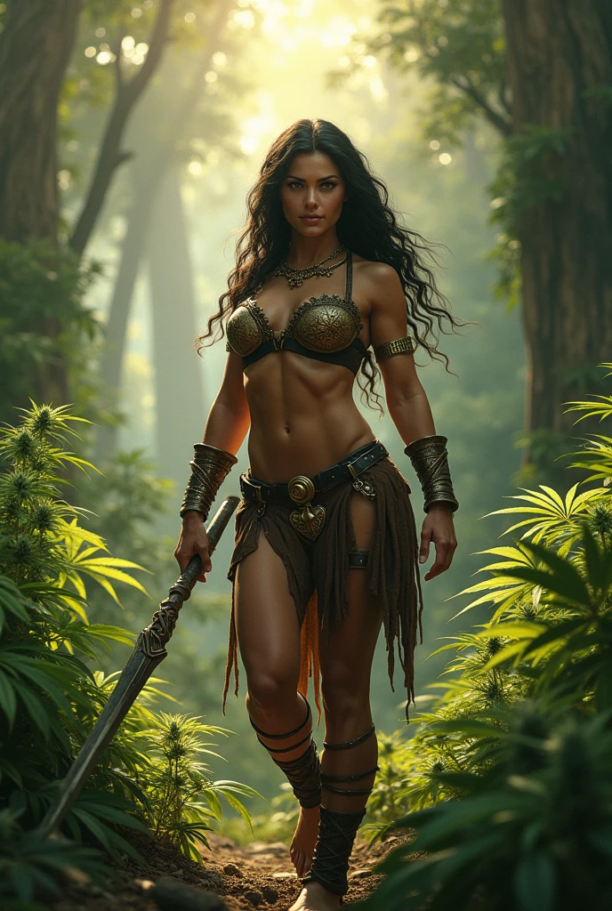 (Evangeline Lilly:DuaLipa), tribal warrior, masterpiece, jungle in the background, cowboy shot, dark fantasy, intricate, highly detailed, by luis Royo. 1girl.