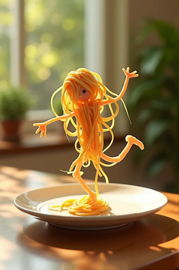 Leonardo Ai Prompt - " A whimsical miniature figure composed of delicately arranged noodles , poised in a carefree dance on the rim of a plate , white shiny plate , set on a table , vibrant kitchen backdrop, where dappled sunlight filters through the canopy above, casting intricate shadows. The overall aesthetic is ethereal, with warm, earthy tones of sienna, umber, infused with hints of emerald and golden light, evoking a sense of wonder and enchantment , as if plucked from a fantastical realm.