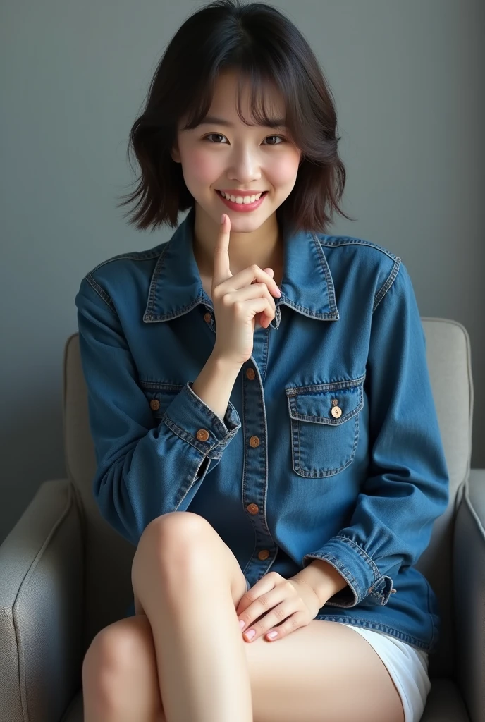 (masterpiece:1.2,8k, raw photo, ultra quality), absurdres, (photo realistic:2), high detail raw color photo,skiny skin, professional photograph,((best quality))、A very beautiful Japanese office lady、Denim mini skirt、dress shirt、White panties、evil grin、smiling at viewer、Please put your feet up、short hair、Gray background、Sit on a chair、index finger raised、Front Light
