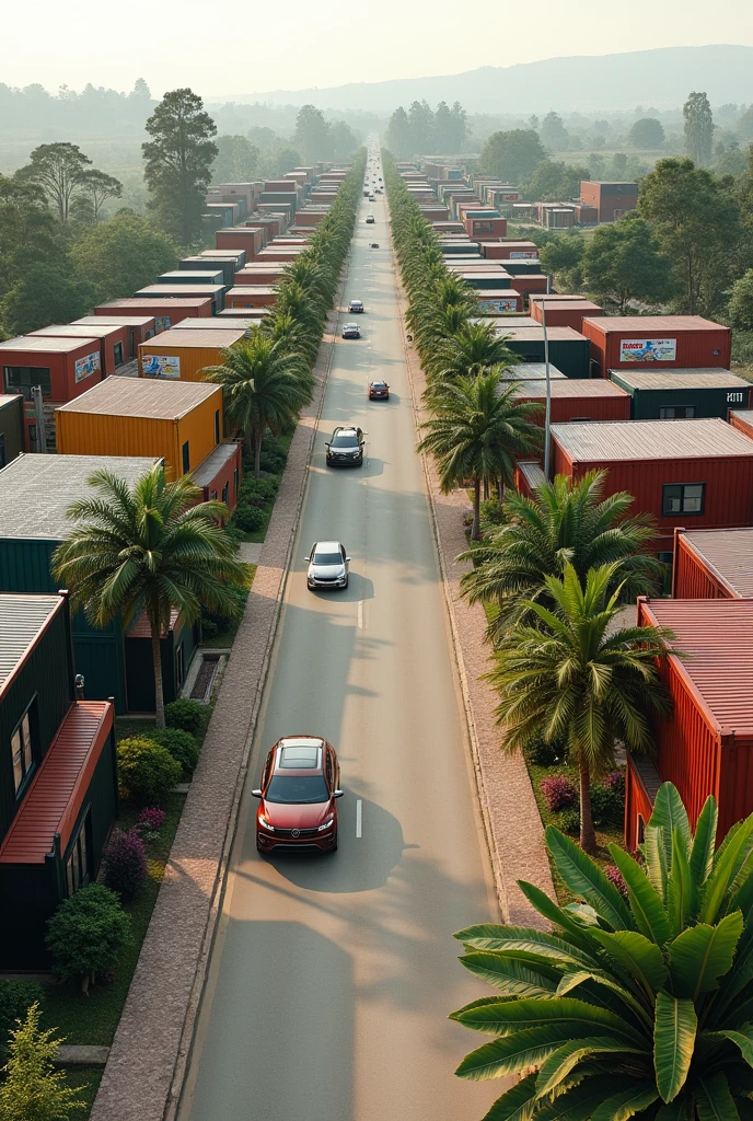 Container estate nice looking houses kind of small in uganda entebbe with a car road in the middle of the estate and different containers sizes ,colors with palm trees along the road and small middle big houses well designed cars parked along the road and the container should more for some houses the estate should be along side the entebbe express highway some should be put on others of 30houses but 90 containers having all the sizes of container 8k HD real life