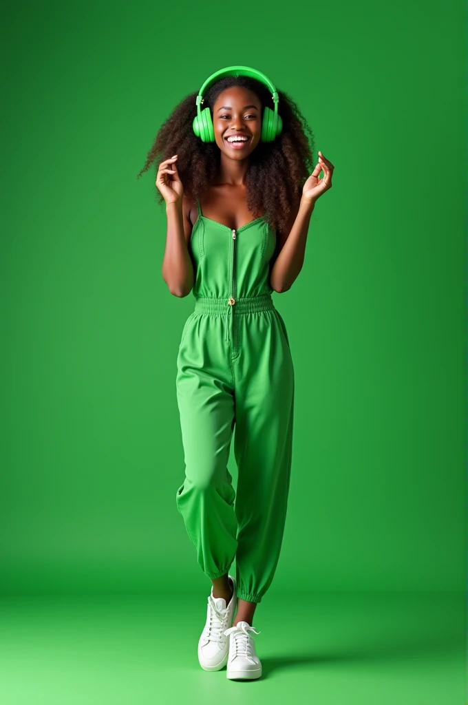 Dark skin Brown hair Green eyes Green jumpsuit White shoes Green headphones She is happy Green backdrop