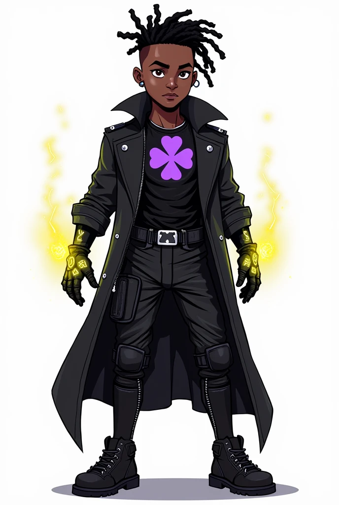 A black teenage boy with short punk mohawk dreadlocks wearing a hero costume made of leather and black kevlar vest with a dark purple four-leaf clover printed on the chest, magic gloves with yellow glowing runes, a black trench coat and a gas mask in a 90s goth punk hero pose. Fundo branco Comic book 2d style
