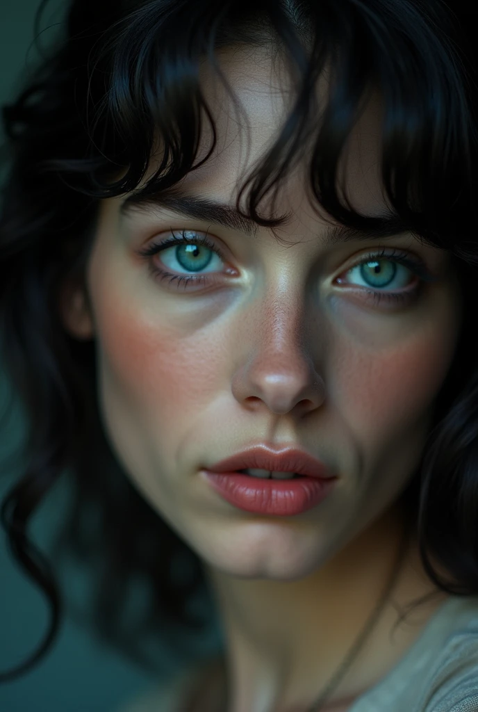 FACE SHOT OF LOVELY BEAUTIFUL BLACK HAIR WOMAN, HUGE LONG BLACK HAIR, VOLUMOUS HAIR, VERY PALE SKIN, TURCOISE BLUE EYES, EXPRESSIVE TURCOISE EYES, LOVELY FACE EXPRESSION, CLOSED MOUTH, ROSY CHEEKS, HIGH CHEEKBONES, MENTAL FORAMEN, FRONTAL ANGLE SHOT, SUPER CLOSE-UP FACE SHOT, GERMAN WOMAN BEAUTY, DARK BACKGROUND, DIFUSED LIGHTS, SHYNING BACKLIGHTS, LENS 200 mm, f:2.8, MASTERPIECE