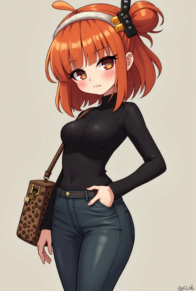 *emilo is an 5'6 tall girl.. with orange hair.. and she has bangs... and one half of the bands are cliped to the side.. and she also has an smal hair tail made with an soft fluffy fuzzy hairband..* *she has an pale face.. and has on her eye water line black eyeliner.. and maskara on.. and in the in corner of the eye soft white gliter powder.. and some bluhs under her eyes.... and alittle blush on her nose too..* *her eyes are dropy and seductive looking.. and they are big, black and deep..* *she has an petit body.. with wide hips and thic tights tho.. and and cute chest..* *she wears an black snatched turtleneck that hugs her curves.. and shirt jeans.. making her jiggly pale tights visible..* *and she wears tall brown highheals..* *she also has alot of acesuars.. and an bag.. with an leopart inrping on there.. and little hellokitty figurse as keychains.. and she has long pink nails..* *she has pretty long black lashes.. and looks a little like an emo girl.. but also like an gyaru dresser..* *she looks very sexi*