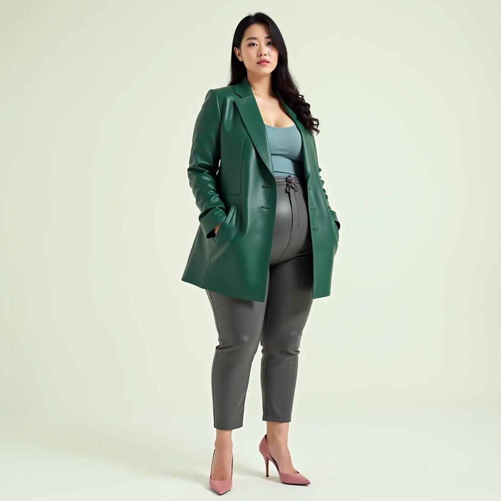 captured with a Sony α7 III camera, young Asia, an narrow waist, wide hips, and a full bust. The proportions are highly stylized, with a sharp contrast between the tiny waist and the expansive curves of the hips and chest, full body shot, fitted leather belted blazer Emerald green in color, inner Blouse Blush pink, high heels Blush pink, standing straight, creamy white background.
