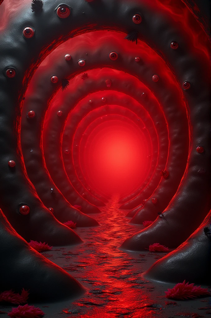 Surreal horror background, no people, spiral background, red colors, lots of eyes, feathers