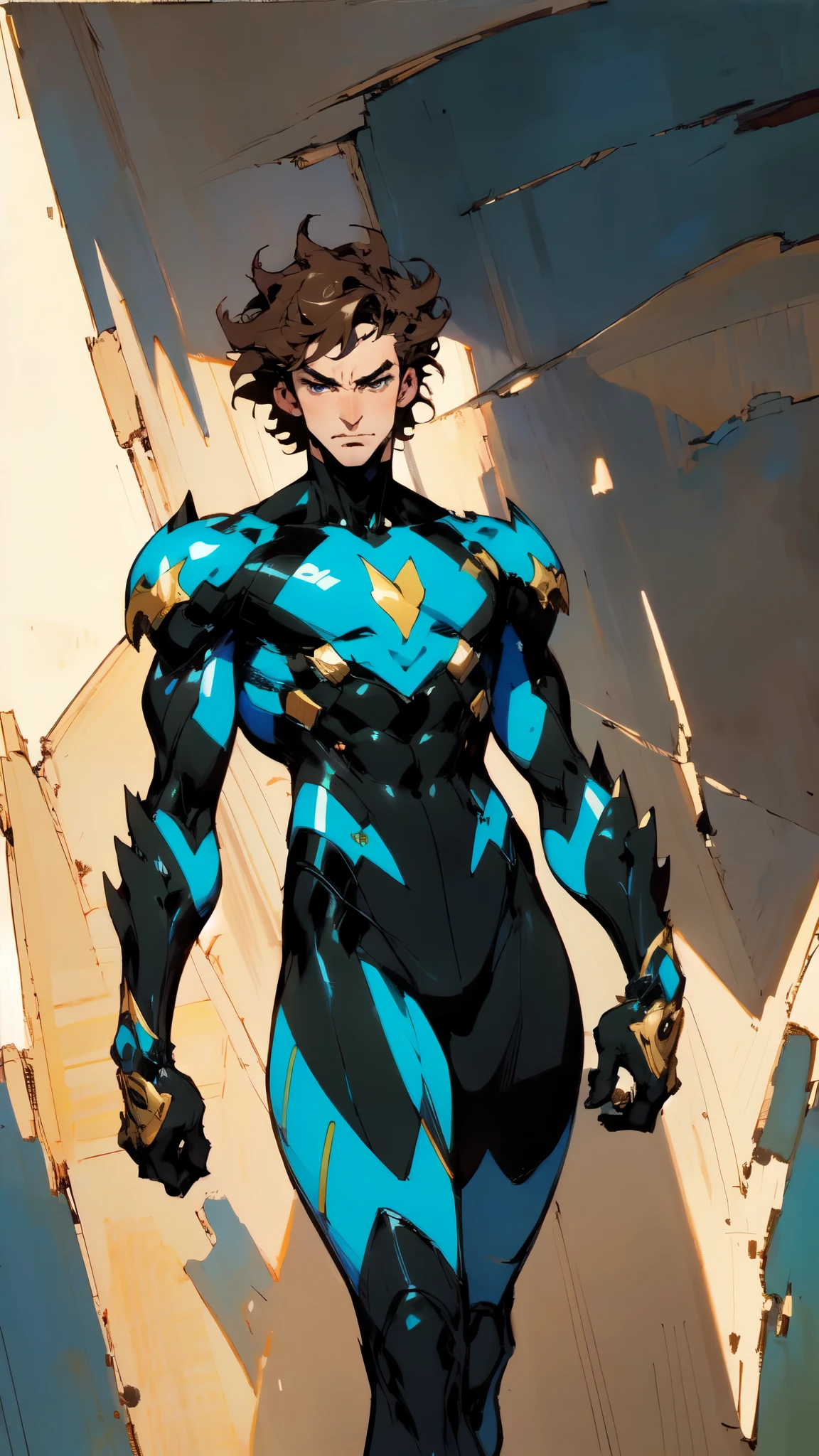 (masterpiece:1.2, best quality:1.2, extremely delicate:1.2), ((male:1.5)), a mature man with short slightly curly brown hair, a well-defined face, intense eyes, a thoughtful expression, brown skin, tall and athletic build, a futuristic fantasy-style blue and black short-sleeved tight-fitting wetsuit, matching trousers, wrist guards, he sits leisurely on a seaside rock, this character embodies a finely crafted futuristic fantasy-style swimmer in anime style, exquisite and mature manga art style, dramatic, high definition, highres, ultra-detailed, ultra-fine painting, professional, perfect body proportions, golden ratio, anatomically correct, symmetrical face, extremely detailed eyes and face, high quality eyes, creativity, RAW photo, UHD, 32k, Natural light, cinematic lighting, (masterpiece-anatomy-perfect:1.2)