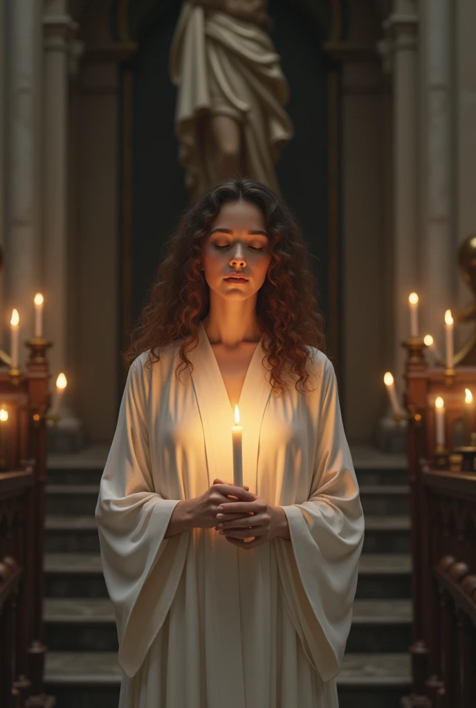 Brunette curly girl dressed in white with a candle and a Christ behind her in catechism