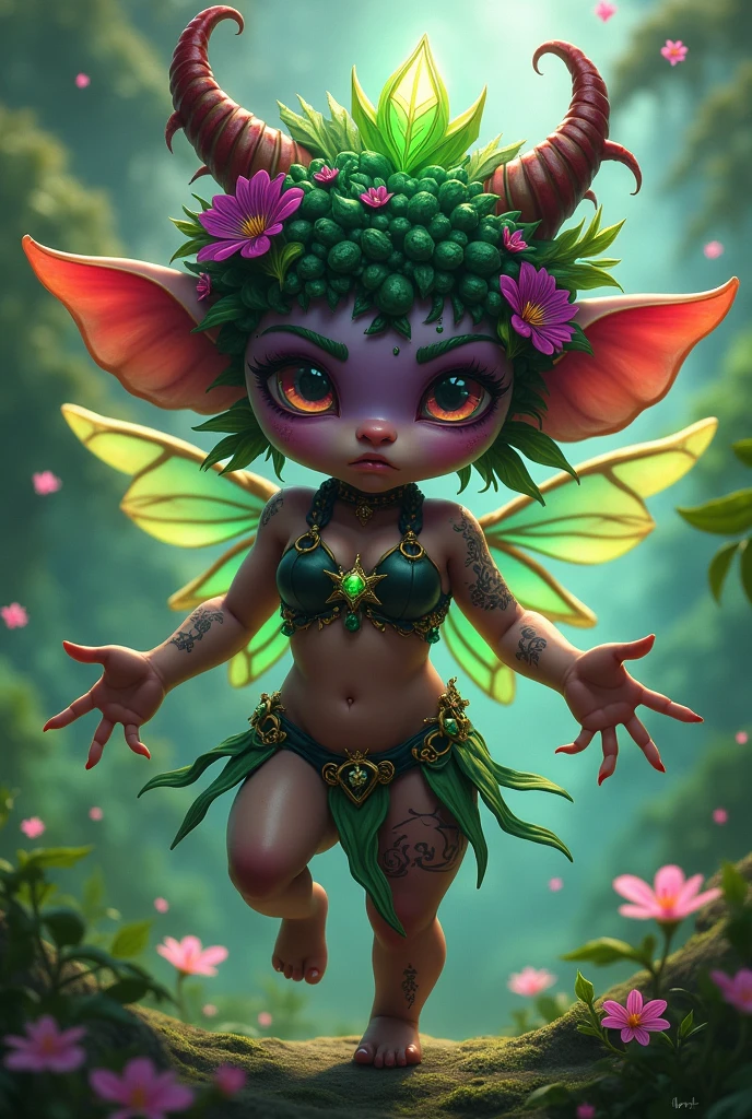 Prismatic coloration. Jungle like environment. A Short young Gremlin like Plant woman with a Deep purple skin tone. She has a gorgeous set of B-cup breasts, curvaceous hips, Slender Legs, & a round but small ass. She has short leaf green curly hair stopping at the top of her neck with various flowers growing within. She is wearing a revealing Yet royal Black & Purple Bikini like armor exposing much of her chest area with Golden celestial designs. She wears an otherworldly royal Tiara on her head. She has a serious face with a sad frown & a stern gaze in her sharp Rainbow Glowing eyes with black sclera & a heavily freckled form. She has long sharp Transparent Crystal like Blood-Red Demonic horns radiating heavenly energy & a set of elegant Elven ears. She has long Ruby red vine like tattoos running all around her body accompanied by Crimson Star-like Tattoos running along them. She has a small cute deer like snout. She has large Crystal Golden Fairy-like wings with a starlike pattern. She is seen in a battle stance summoning verdant green Stardust magic from her fingertips.