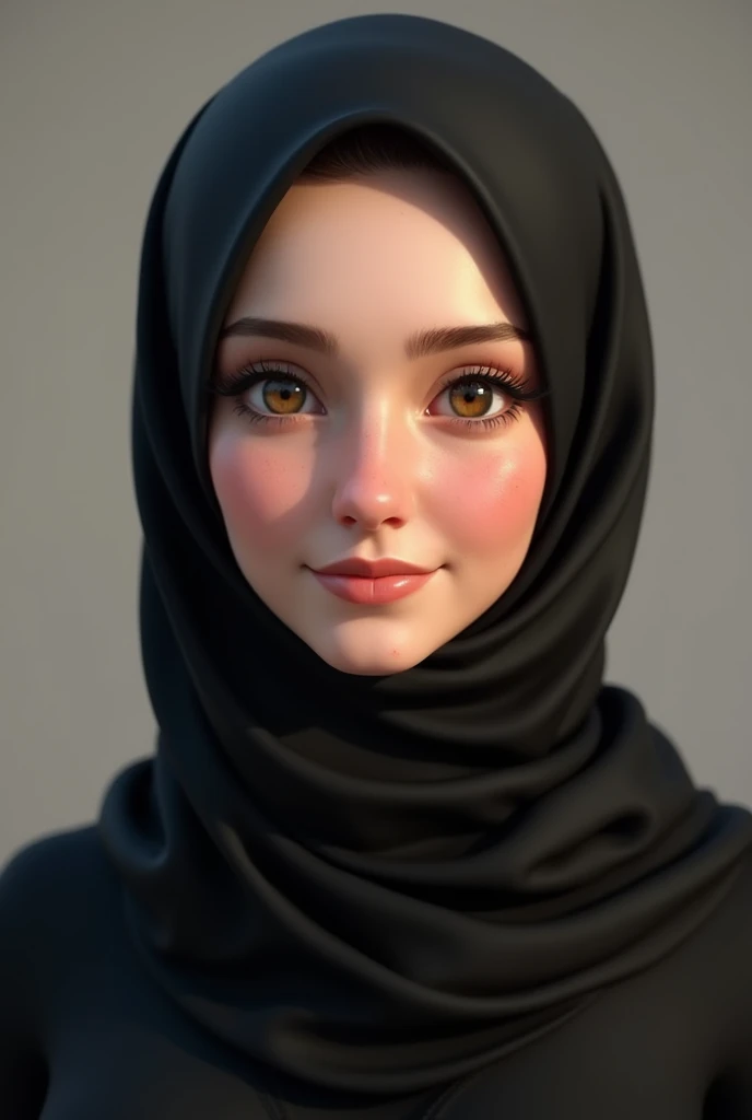 A emma myers,,perfect eyes,with elegance black hijab,medium body,eyes smiling expression,,pm, 3d render

