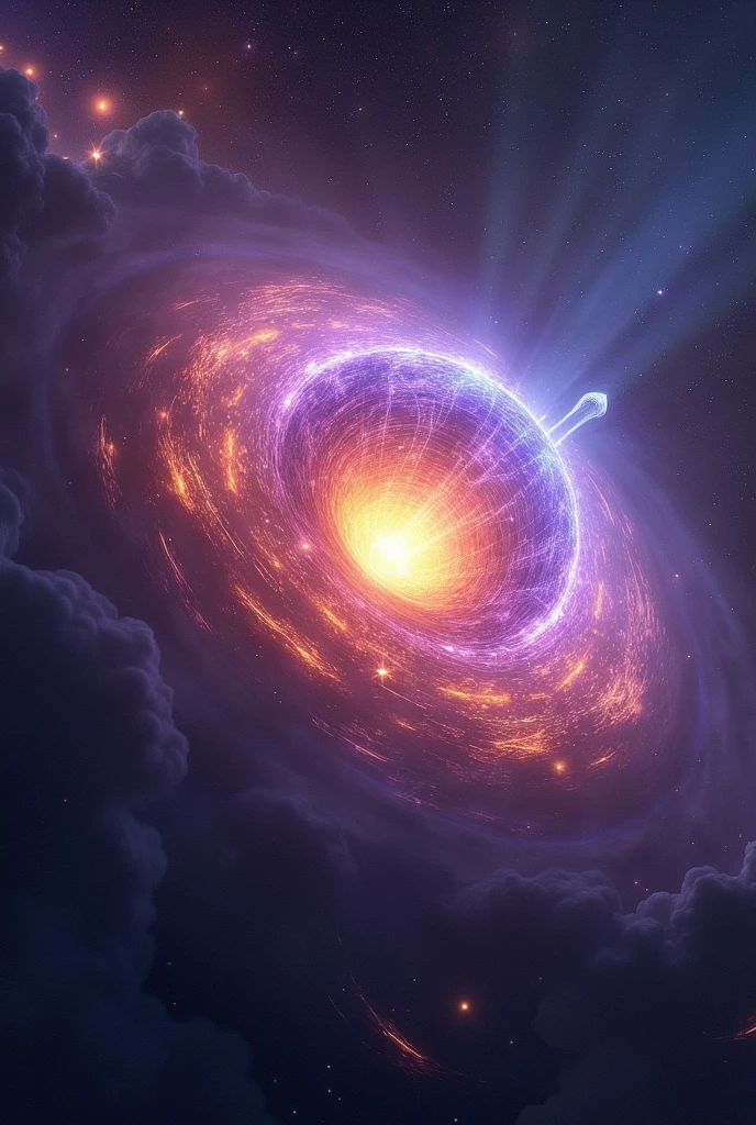 In the vast, dark expanse of space, a mysterious and radiant light hovers, emanating an otherworldly glow. The light is a swirling vortex of colors—deep purples, electric blues, and fiery oranges—forming a sphere that pulses with energy. Around this sphere, fragments of time are visible, floating like ethereal, translucent images. To the left, glimpses of the past appear: ancient civilizations, distant galaxies being born, and moments of history frozen in time. To the right, the future unfolds in a series of rapid, shifting scenes: advanced technologies, unknown worlds, and events yet to come. In the center, the present is depicted in sharp, vibrant detail, showing both the vastness of the cosmos and the life within it. The light itself seems to be a portal or a sentient being, its core shimmering with the weight of countless timelines. The surrounding space is dotted with distant stars, nebulae, and swirling cosmic dust, framing this enigmatic phenomenon as the focal point of the universe.