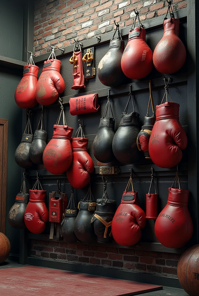 A wall full of boxing equipment