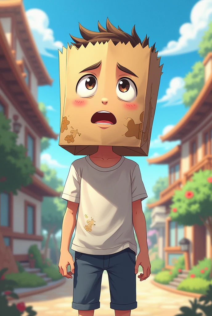 A boy and he don't have face instead of face he have paper bag with eyes and other facial expressions in anime style