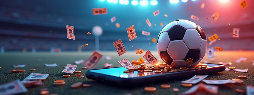 Design a promotional banner for football betting mobile application, set in the exciting world of football gambling. application name is '3xscores' . include a football and smartphone, and colorful bills and coins are flowing out from the phone, symbolizing victory