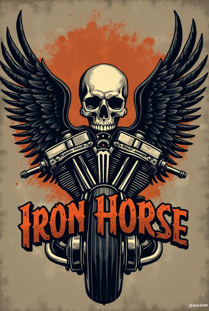 Logo de moto club da harley-davidson com motor e caveira com asas tipo old school com o nome iron horse