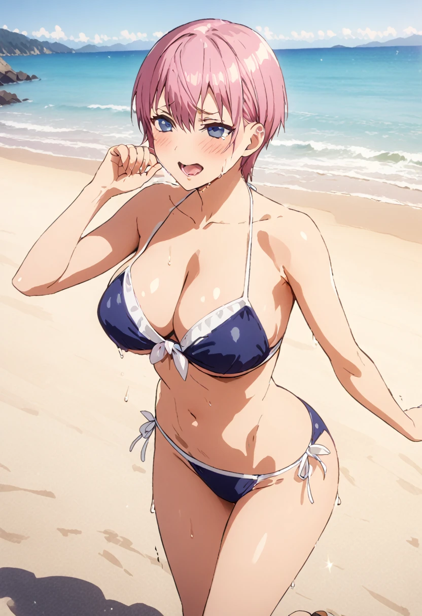 (Highest quality, 4K, 8k, High resolution, masterpiece:1.2), Very detailed, Picturesque, Animated Photography, Photo Animation:1.37)、A Japanese highschoolgirl、(Pink Hair)、(Pixie Cut)、in a beach、bikini、(bikini color:random)、black cheokr、Ecstasy face、trembling、Sweat、crying、Full body photography、selfie、Nakano ichika
