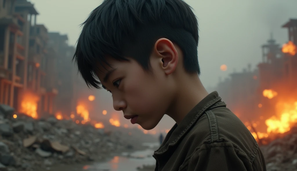 2024; (masterpiece, best quality) destroyed city (Pequim)1sad boy  looking down(close-up); bombs falling from the sky; fire around.