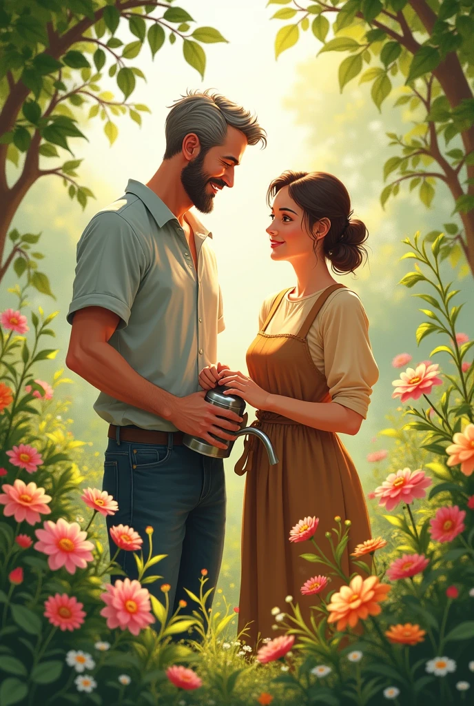 Generate image of a couple, Tall thin man, fat woman taking care of flowers in a garden.