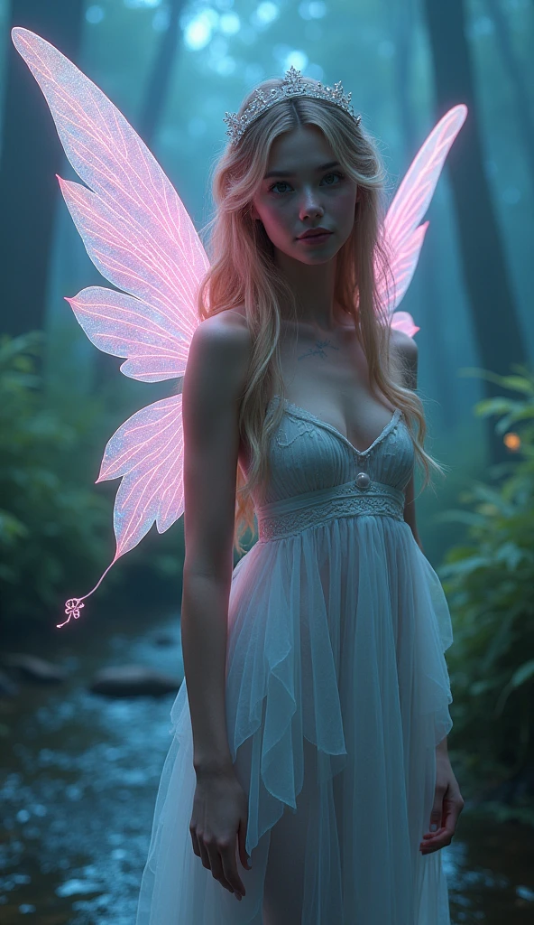 "Full-length close angle shot of a beautiful Caucasian girl, depicted as a fairy, 20 years old, with pretty wings and delicate facial features. Her attractive gaze captivates the viewer as she stands in a misty forest, where a gentle stream flows nearby. The scene is enhanced with vibrant neon lights that create an ethereal and whimsical atmosphere. Immersive effects add a magical touch, blending elements of realism and fantasy beautifully. The composition emphasizes her enchanting beauty in this dreamlike setting."