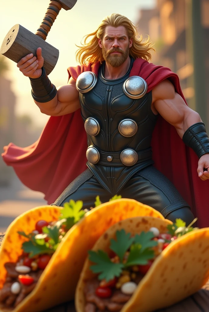 An image of Thor pulling some tacos al pastor as if they were his hammer and he doesn&#39;t have a hammer