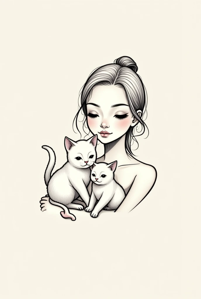 Design a minimalist tattoo of a woman with her two kittens